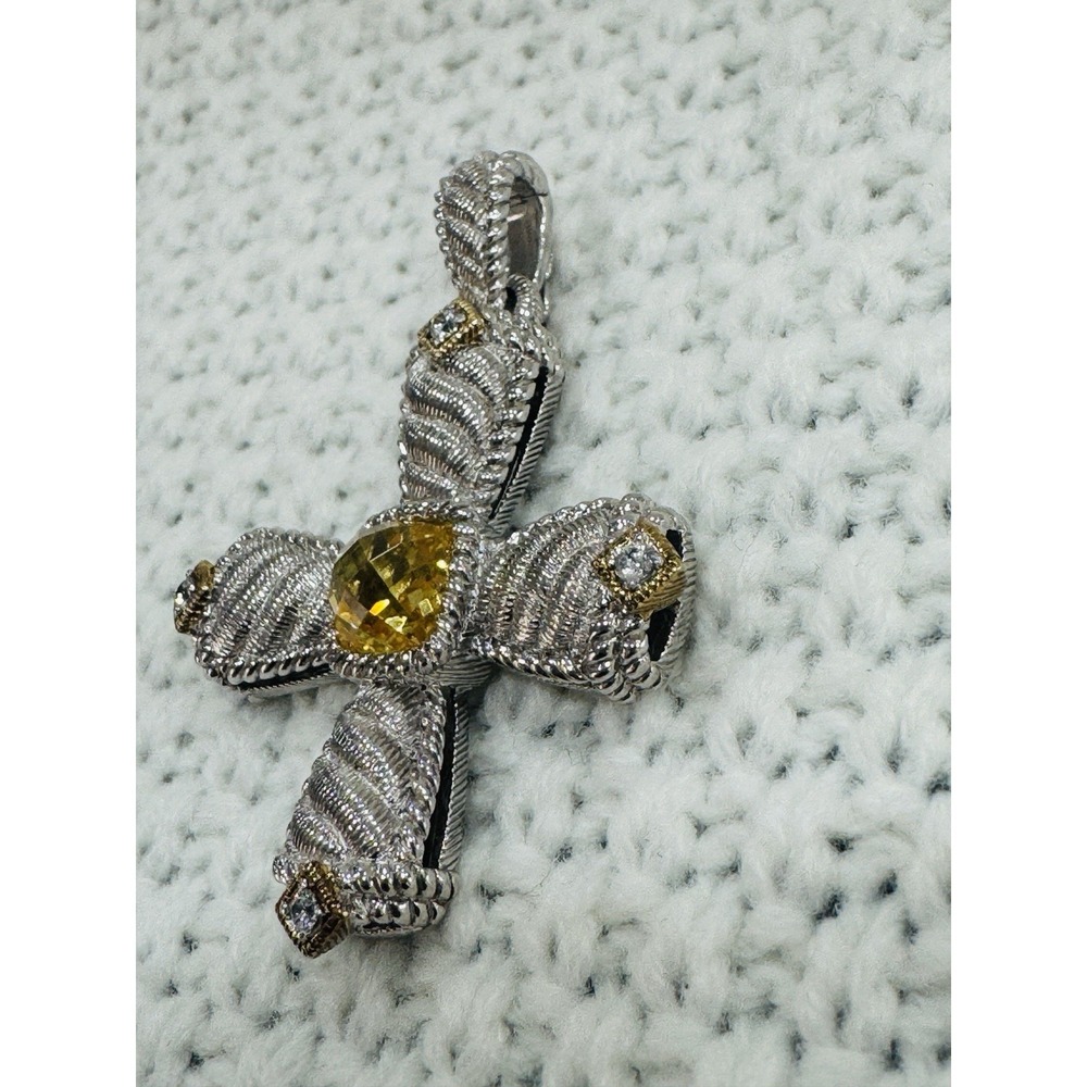 Judith Ripka 925 CZ Thailand Cross Pendant Yellow Stone Sterling - Picture 2 of 5